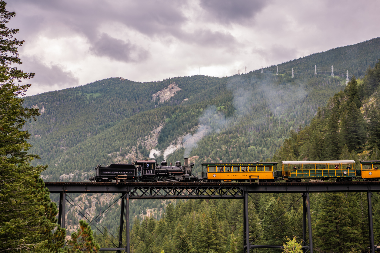 The Georgetown Loop Railroad, a restored narrow-gauge scenic train above town.